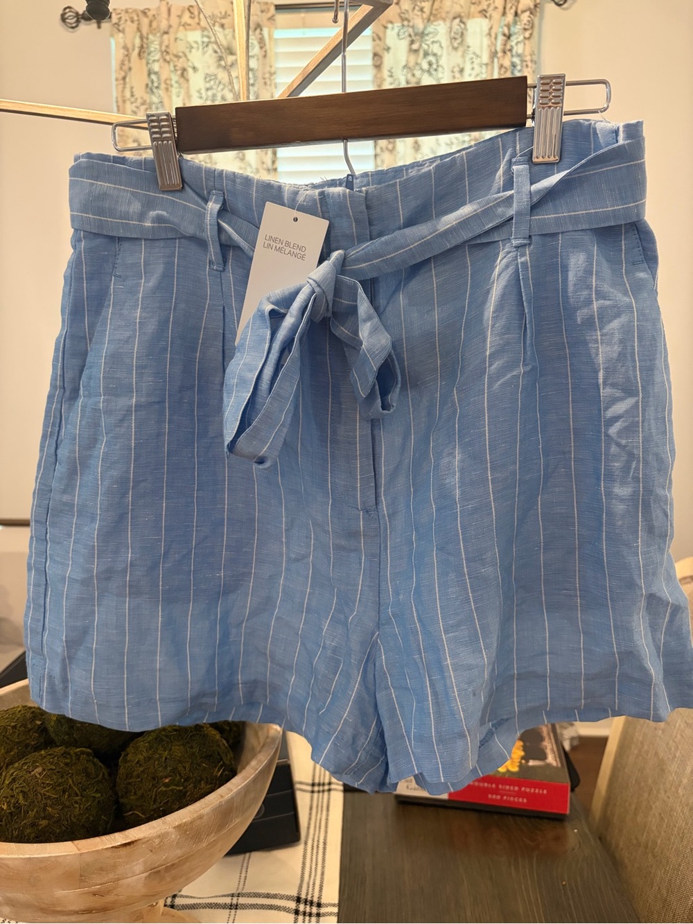 H&M Blue & White Striped High Waist Tie-Belt Shorts